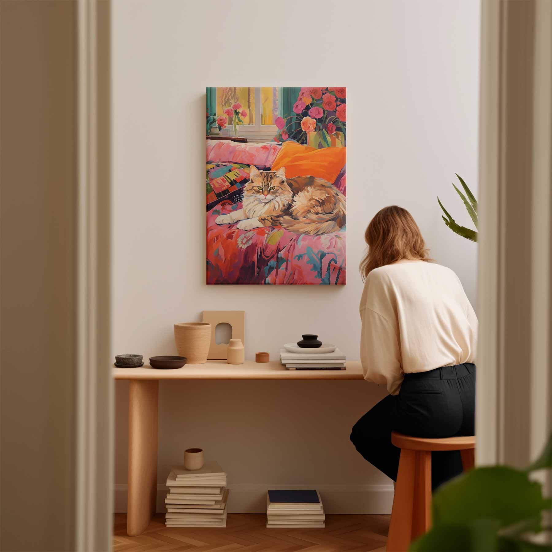 Kat op Bloemenbank Kunstwerk-canvas-dibond-plexiglas-wanddecoratie-WallArtistic