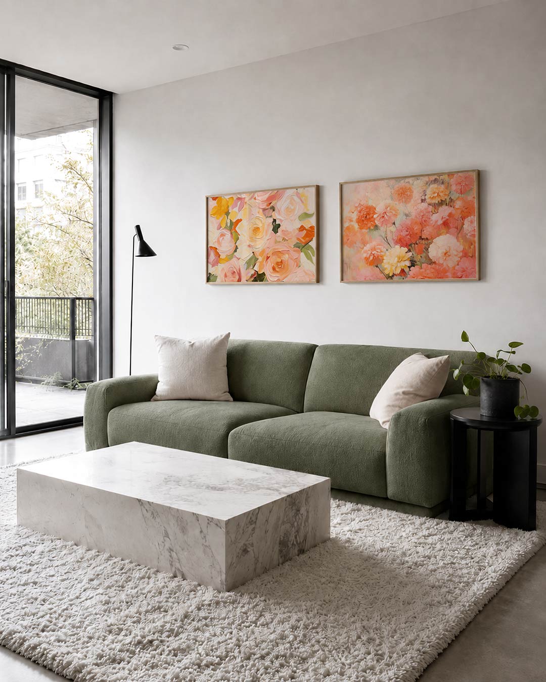 Interieurpresentatie van twee posters met een levendige verzameling van bloemen in zachte tinten