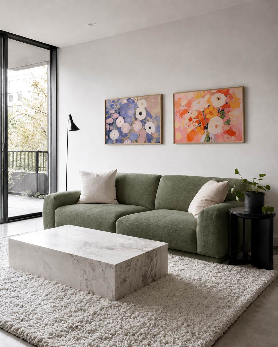 Tweedelige posterset met een weelderige verzameling bloemen in zachte tinten, getoond in een interieur