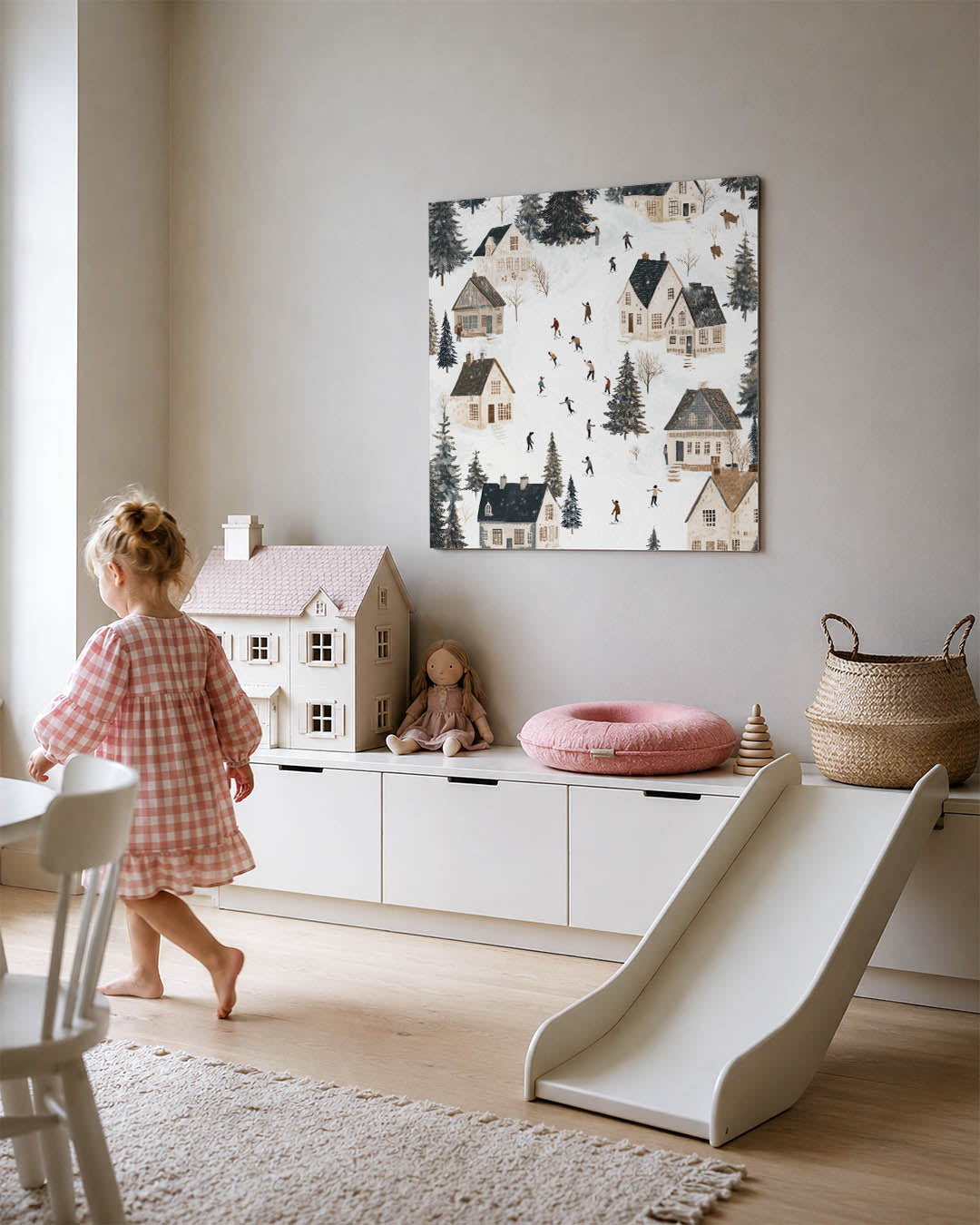 Winterse dorpsscène Kunstwerk