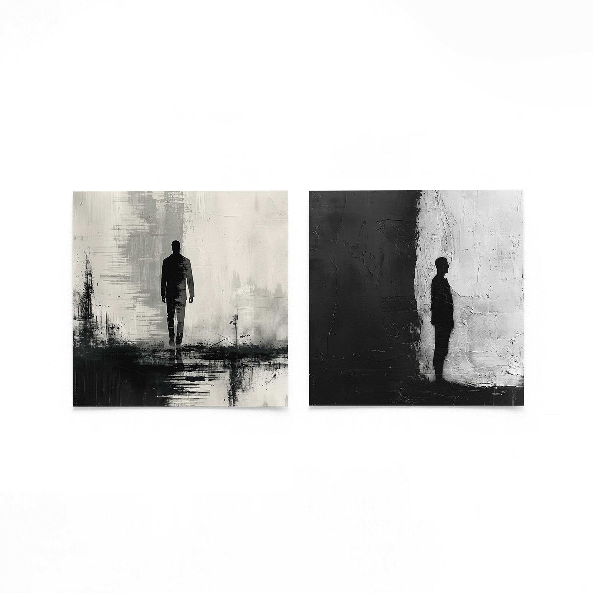 Twee vierkante posters met silhouetten in contrast op een gebroken witte achtergrond