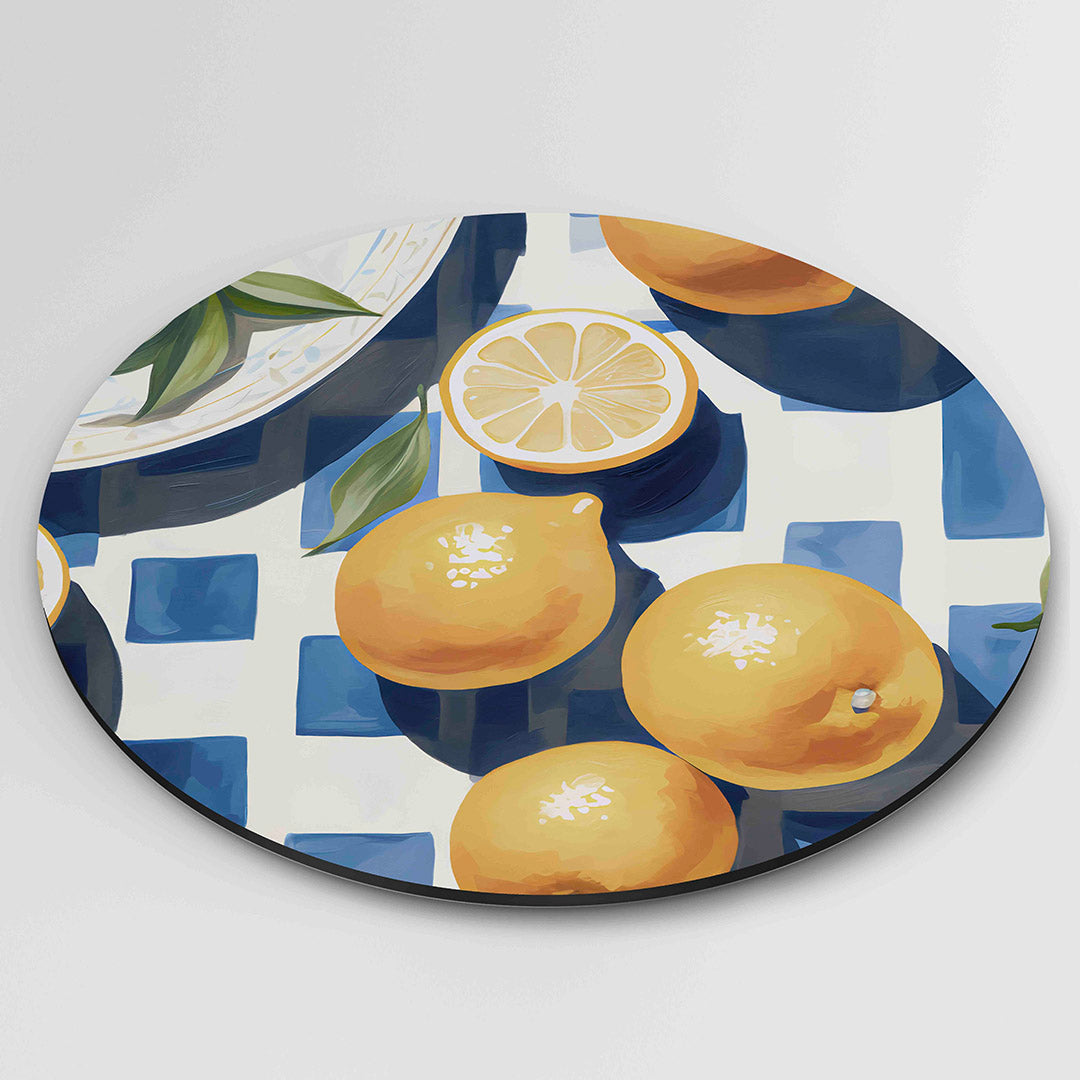 Citroenen en blauw wit patroon Muurcirkel