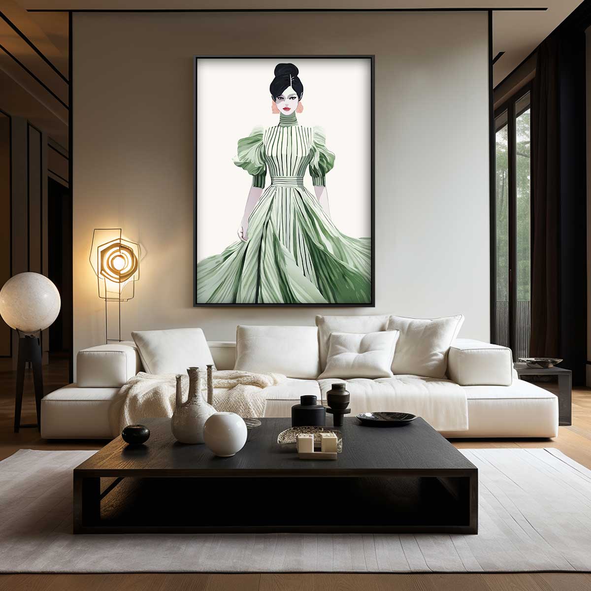 Elegante Mode Illustratie van Vrouw in Groene Jurk Kunstwerk-canvas-dibond-plexiglas-wanddecoratie-WallArtistic