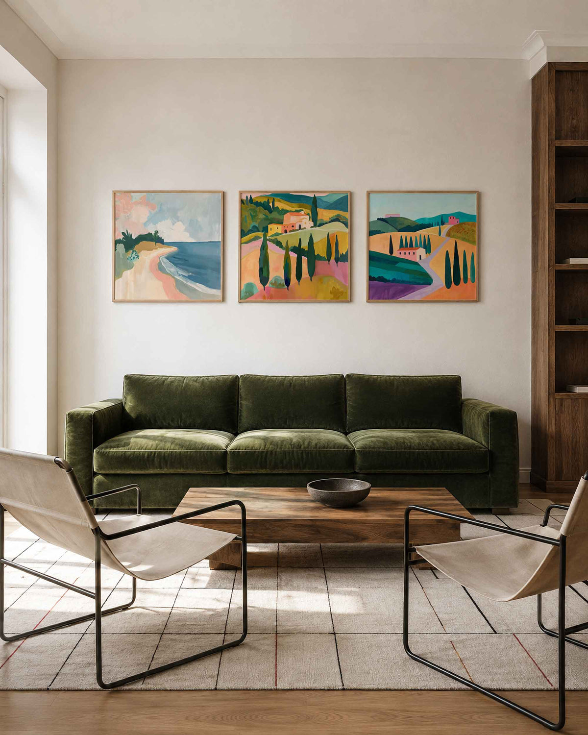 Interieurpresentatie van een driedelige vierkante posterset met kust en toscaanse heuvels