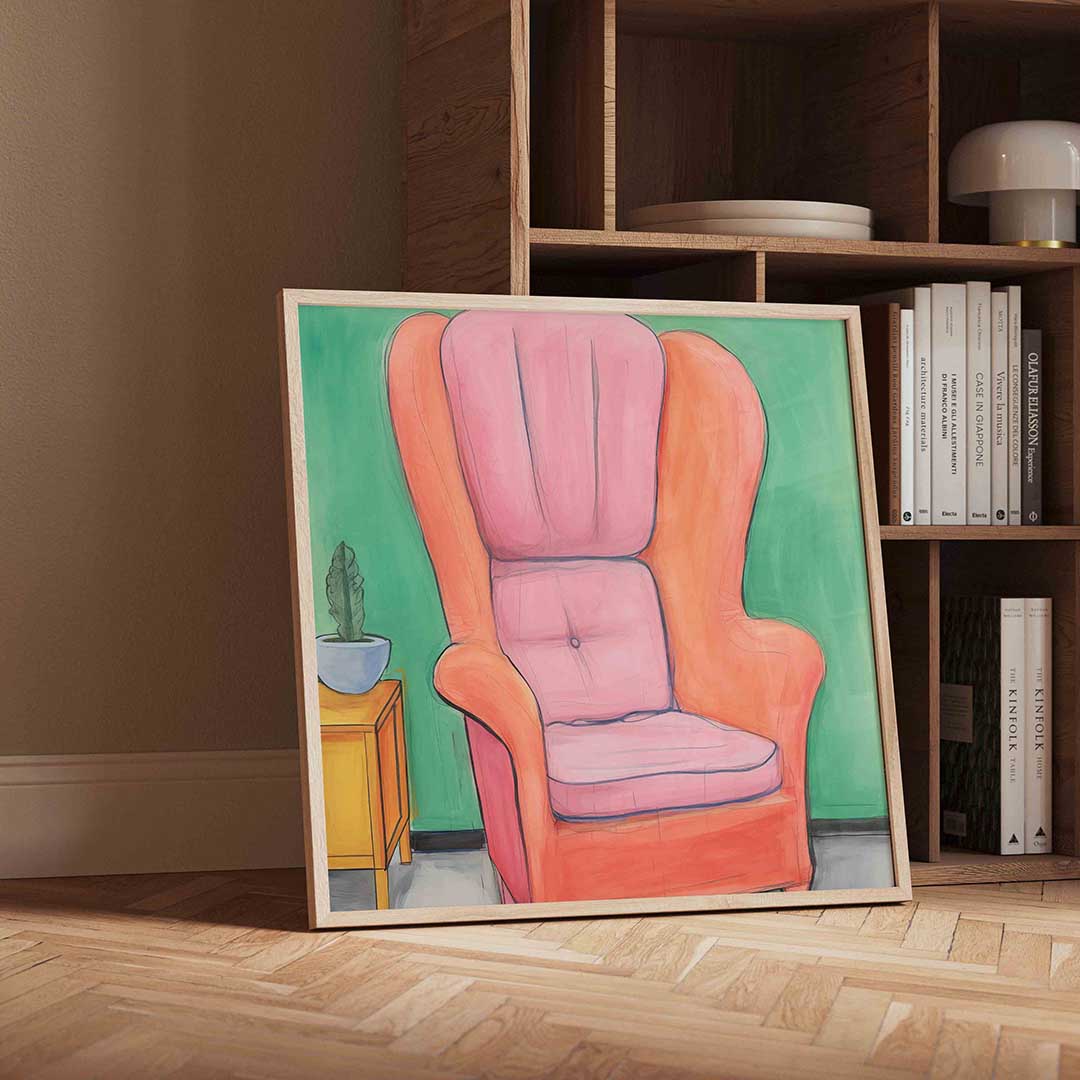 Roze fauteuil en groene muur Poster
