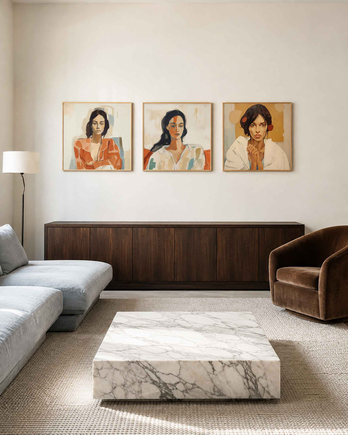 Interieurpresentatie van een driedelige vierkante posterset met abstracte vrouwenportretten