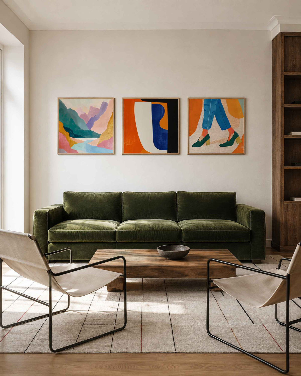 Interieurpresentatie van een driedelige vierkante posterset met abstracte kleurenmix