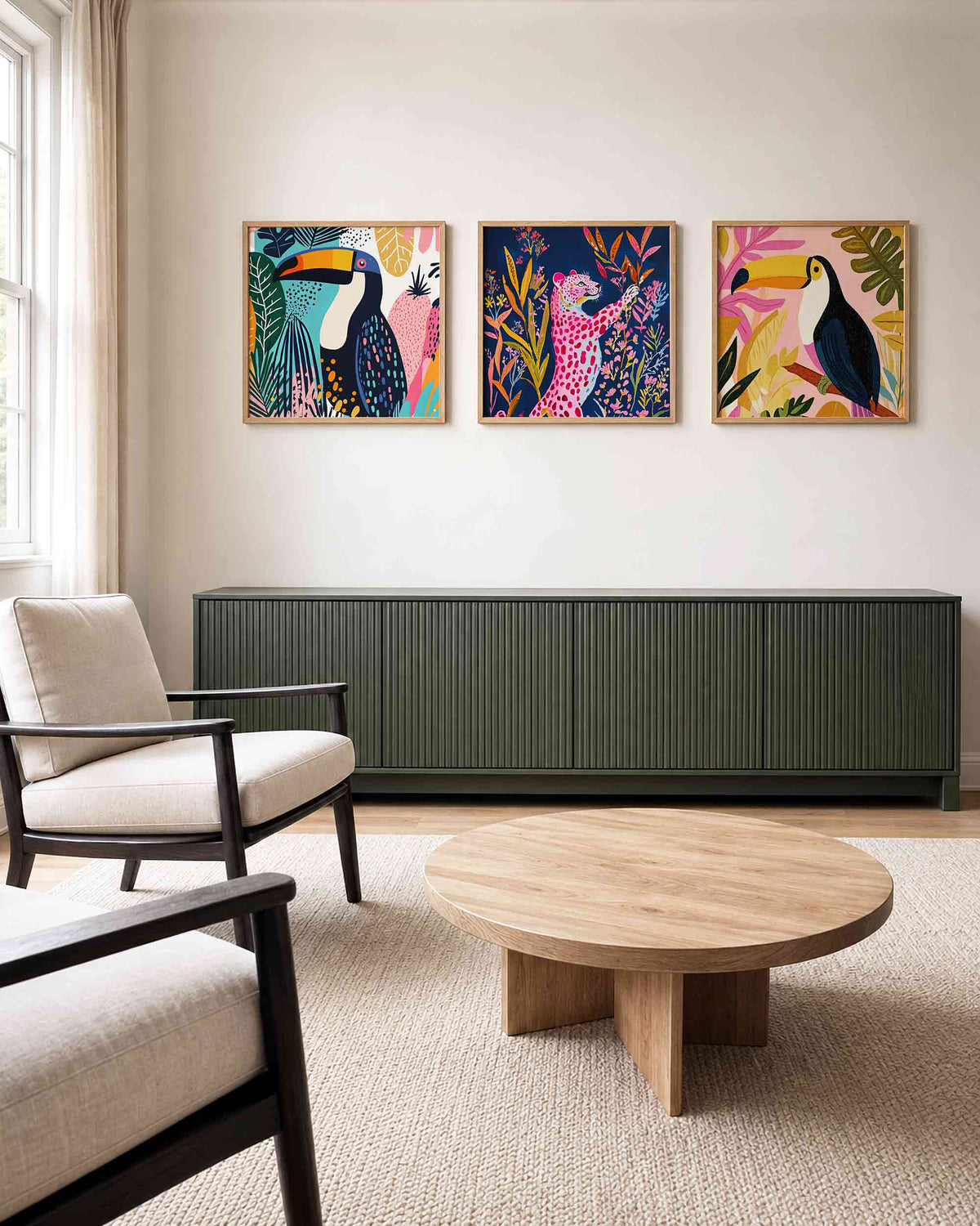 Interieurpresentatie van een driedelige vierkante posterset met tropische vogels en luipaard