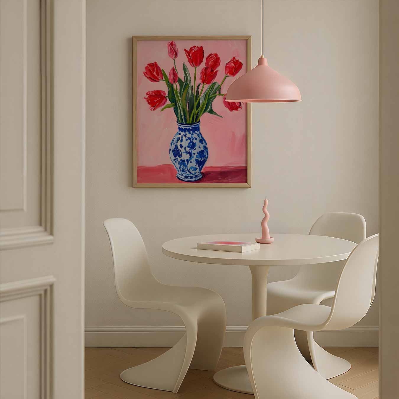 Vrolijke Tulpen in Blauw Witte Vaas Poster-WallArtistic
