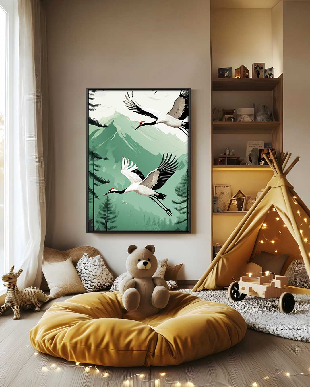 Vliegende Kranen in Berglandschap Kunstwerk