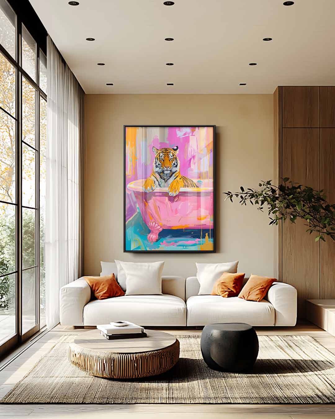 Tijger in de Roze Badkuip Kunstwerk-canvas-dibond-plexiglas-wanddecoratie-WallArtistic