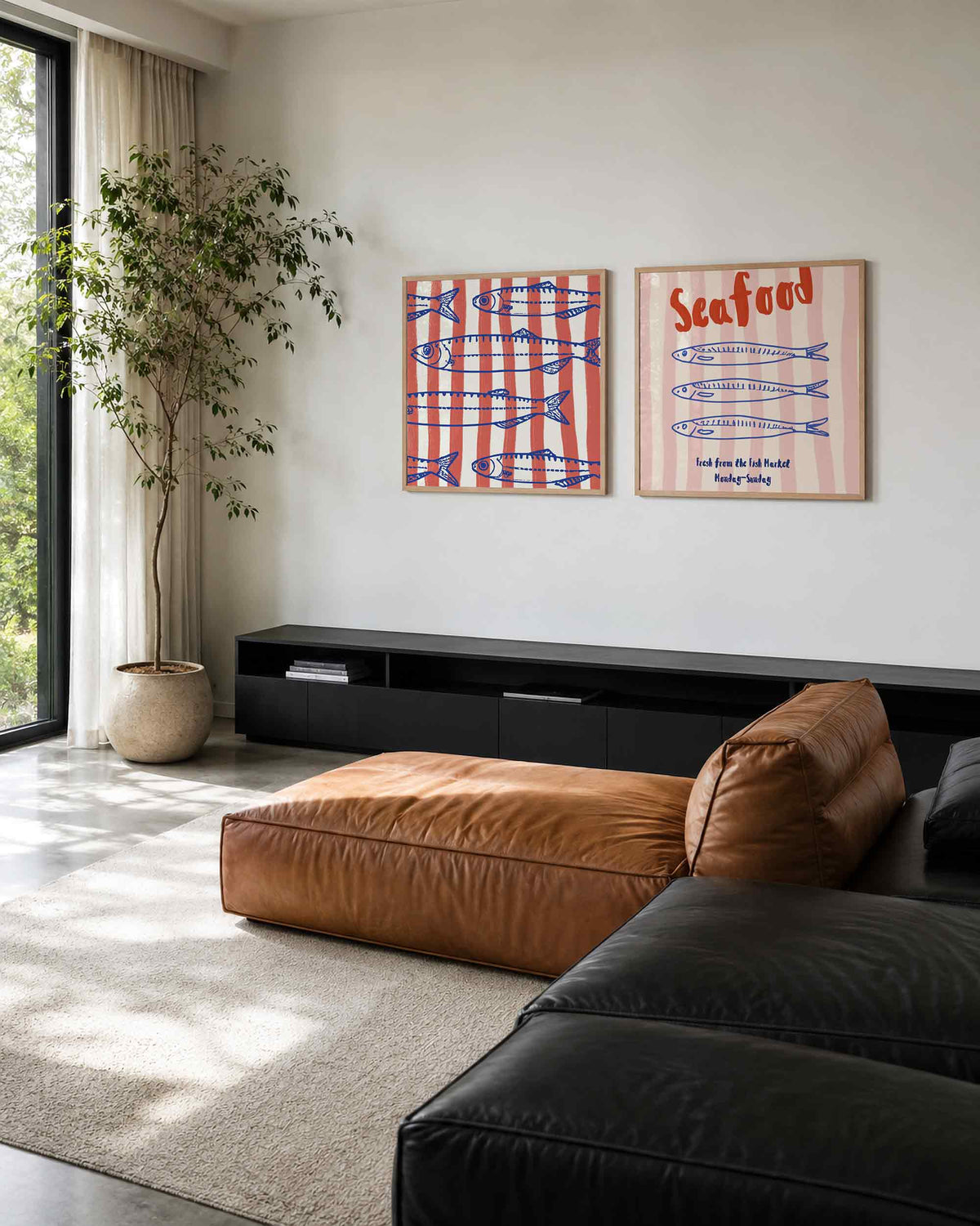Interieurpresentatie van een tweedelige vierkante posterset met vissen en seafood