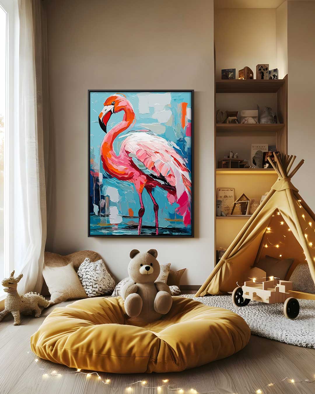 Flamingo in Kleurrijke Omgeving Kunstwerk