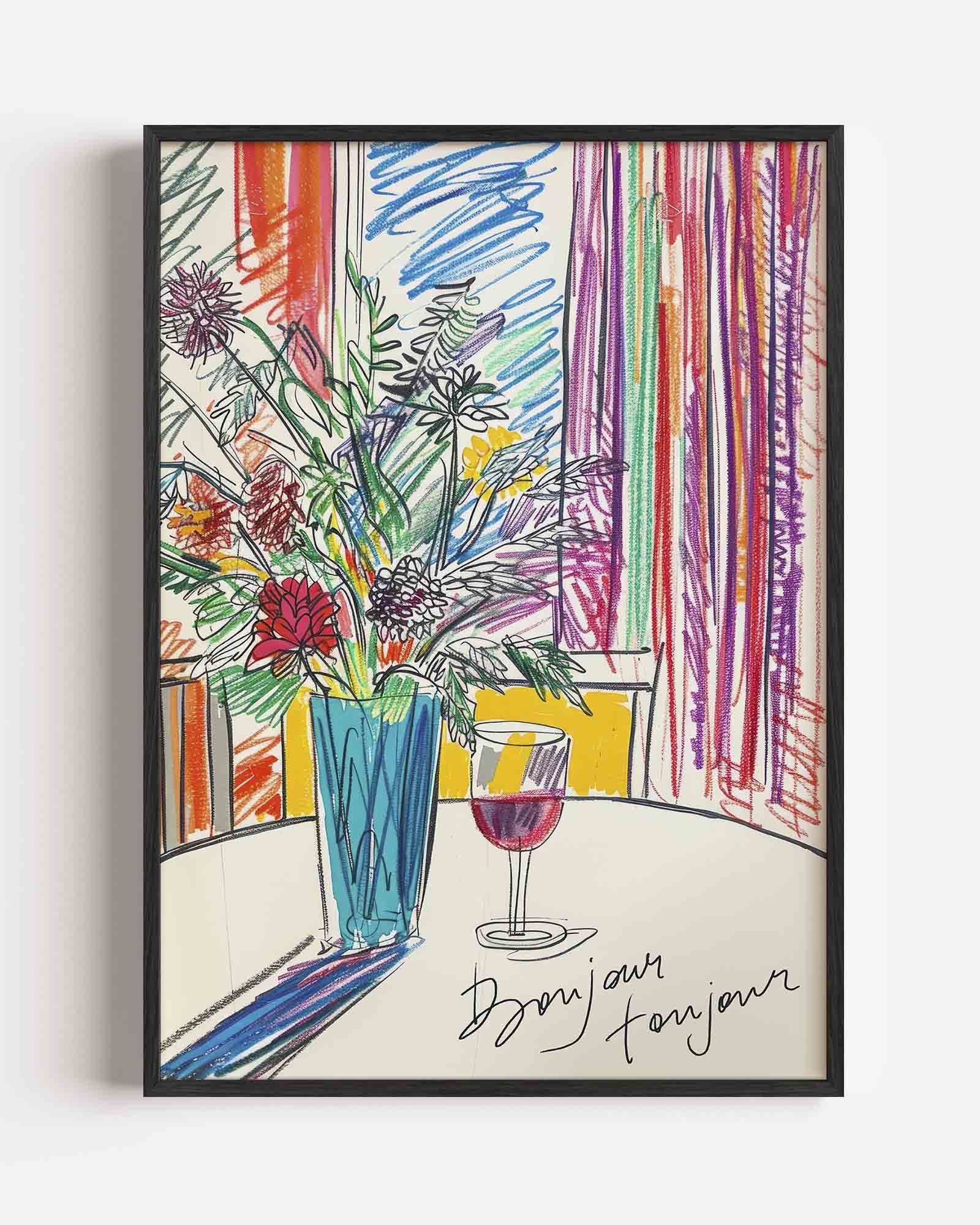 Bloemen in vaas met glas Poster