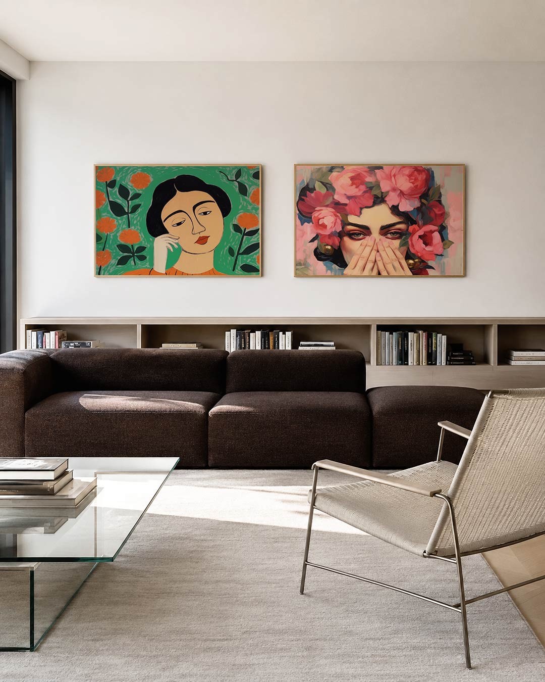 Tweedelige posterset met een vrouw met een serene blik, getoond in een interieur