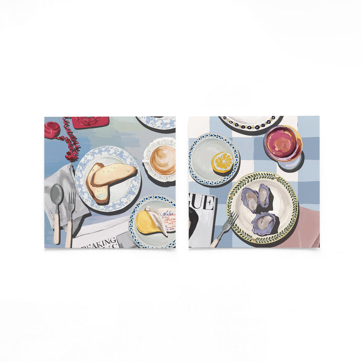 Twee vierkante posters met ontbijt en oesters op een gebroken witte achtergrond