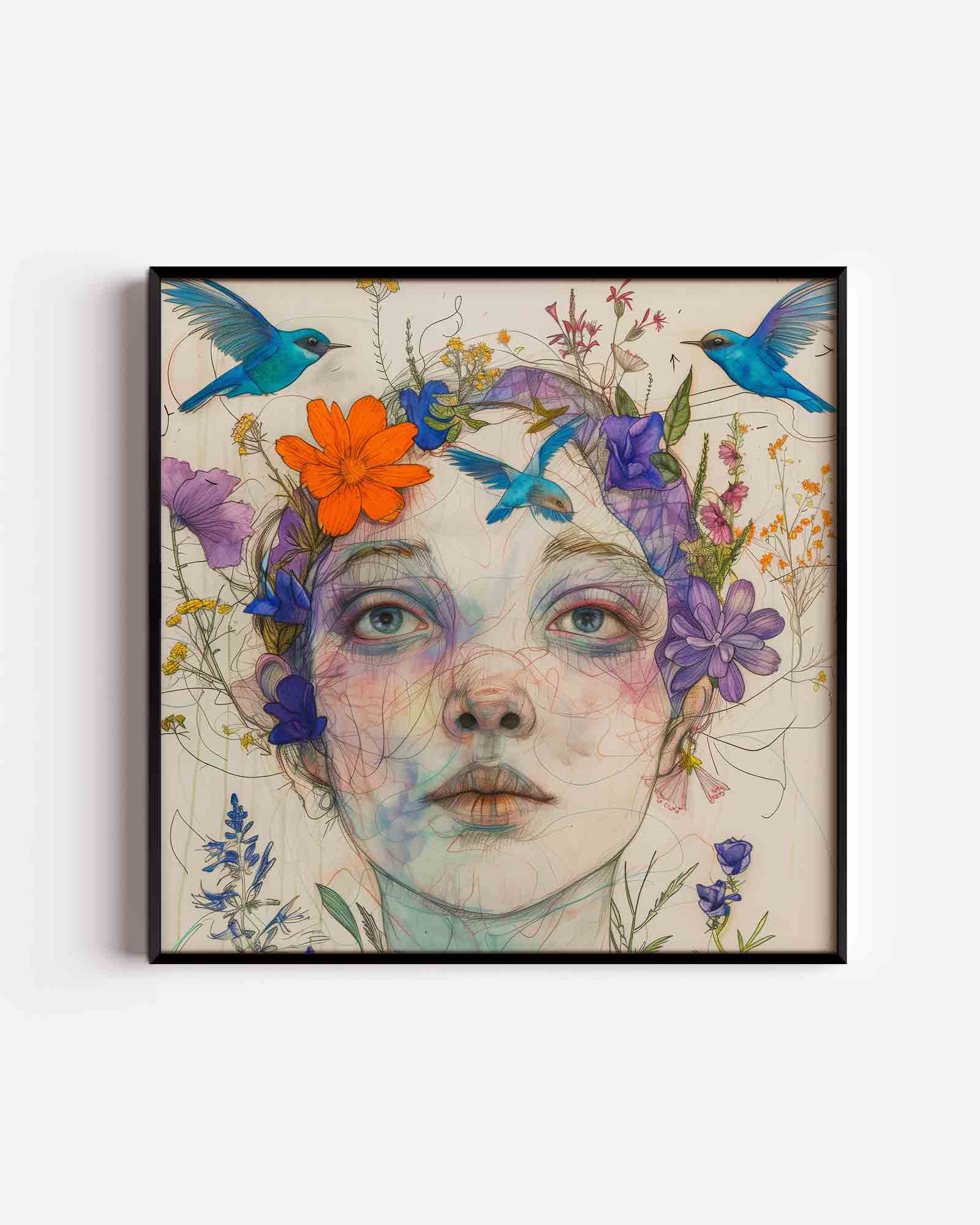Vrouw met bloemen en vogels Poster