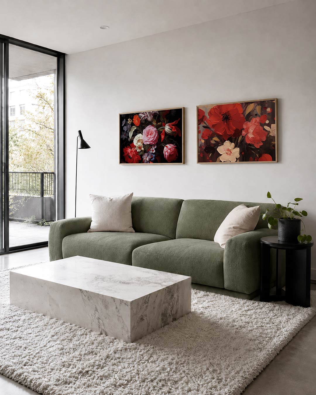 Tweedelige posterset met een weelderige verzameling bloemen in rijke tinten van rood, getoond in een interieur