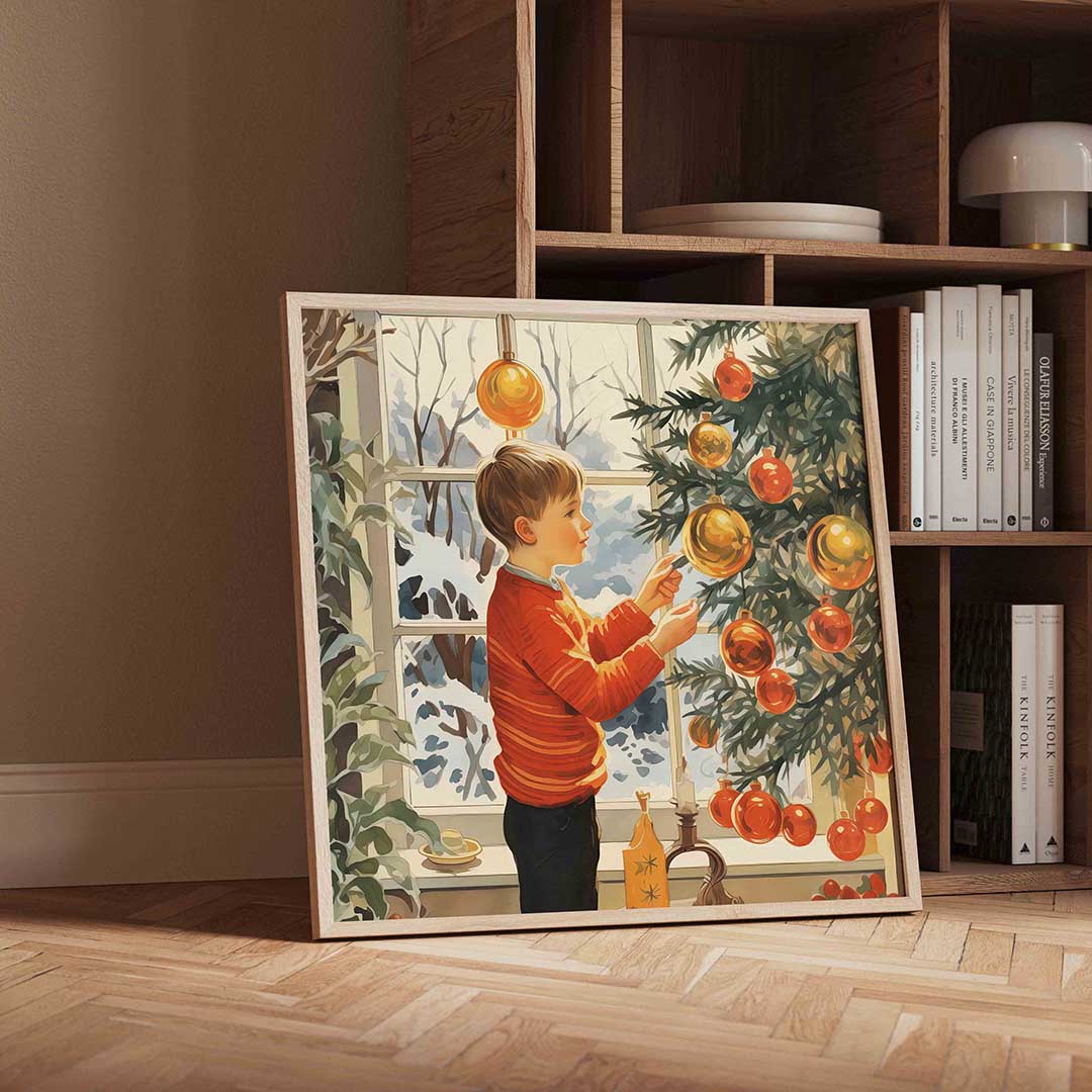 Jongen bij kerstboom Poster