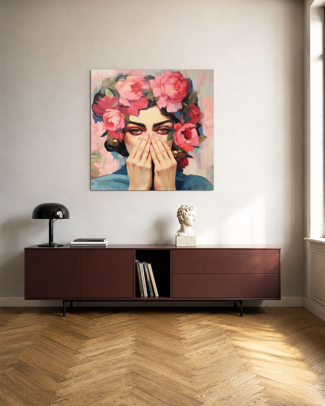 Bloemenportret met handen Kunstwerk