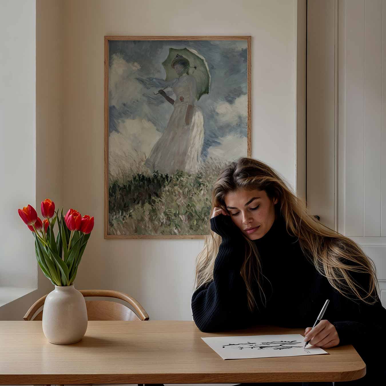 Vrouw met Parasol in de Wind Poster-WallArtistic