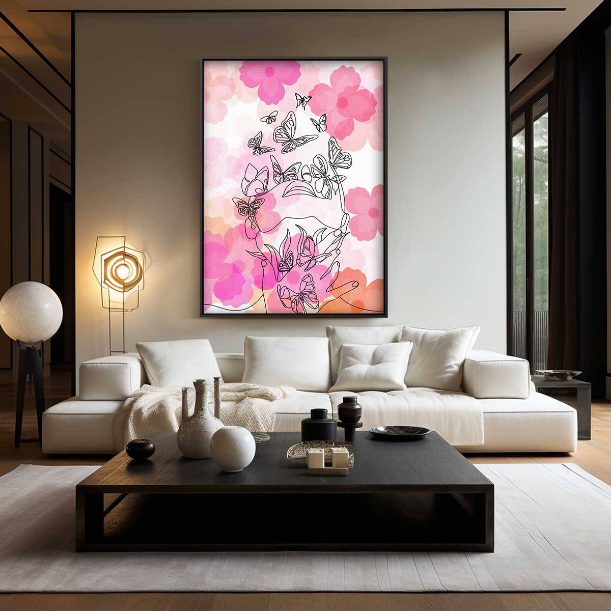 Vlinders en Bloemen Lijntekening Kunstwerk-canvas-dibond-plexiglas-wanddecoratie-WallArtistic