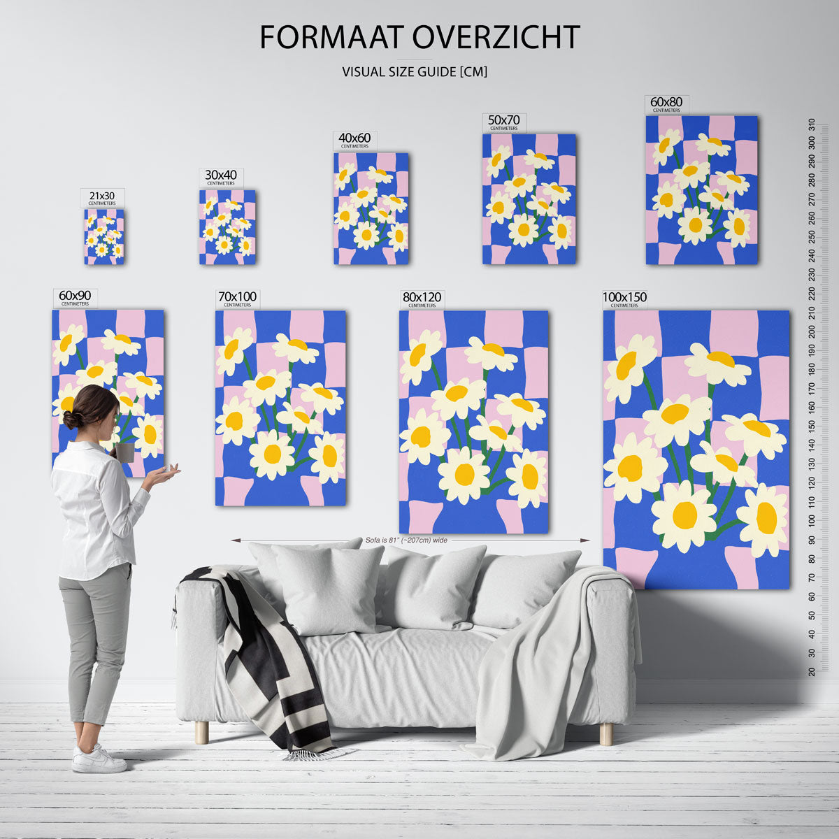 Bloemen op blauw en roze Poster