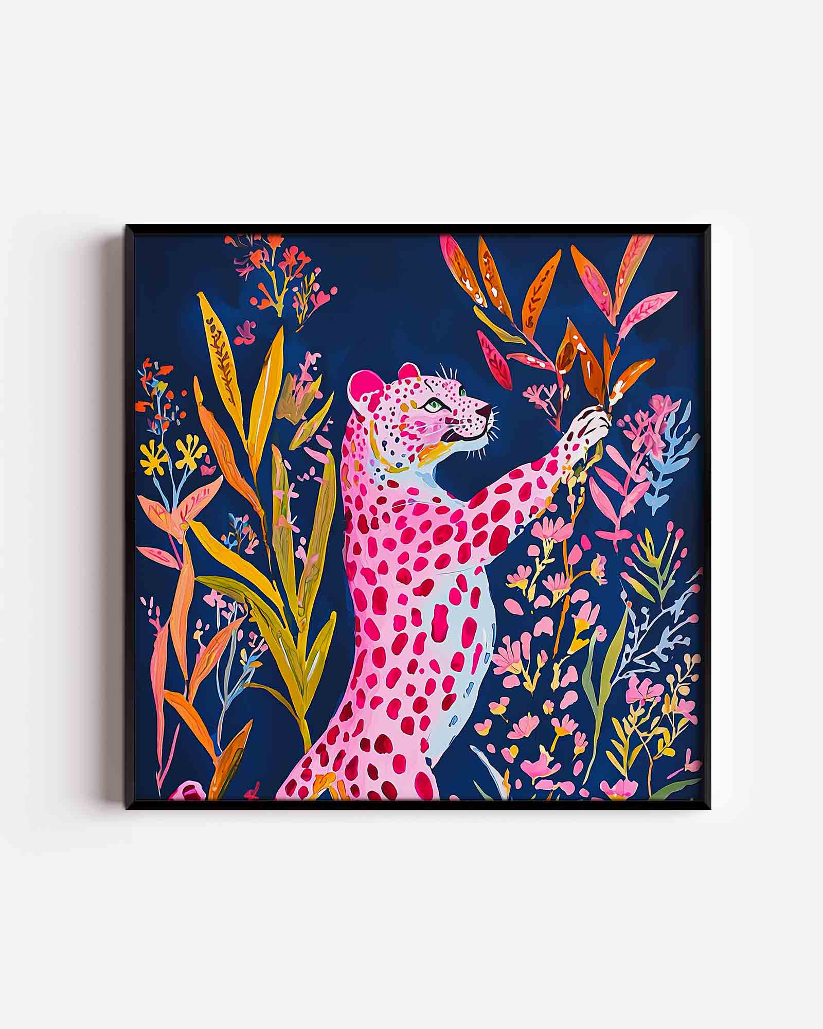 Roze luipaard met bloemen Poster