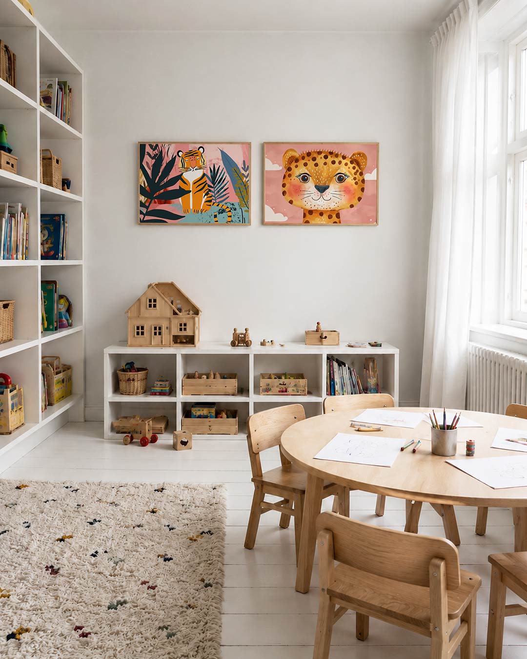 Twee liggende posters met een kleurrijke tijger tussen weelderige bladeren, aan de muur in een interieur