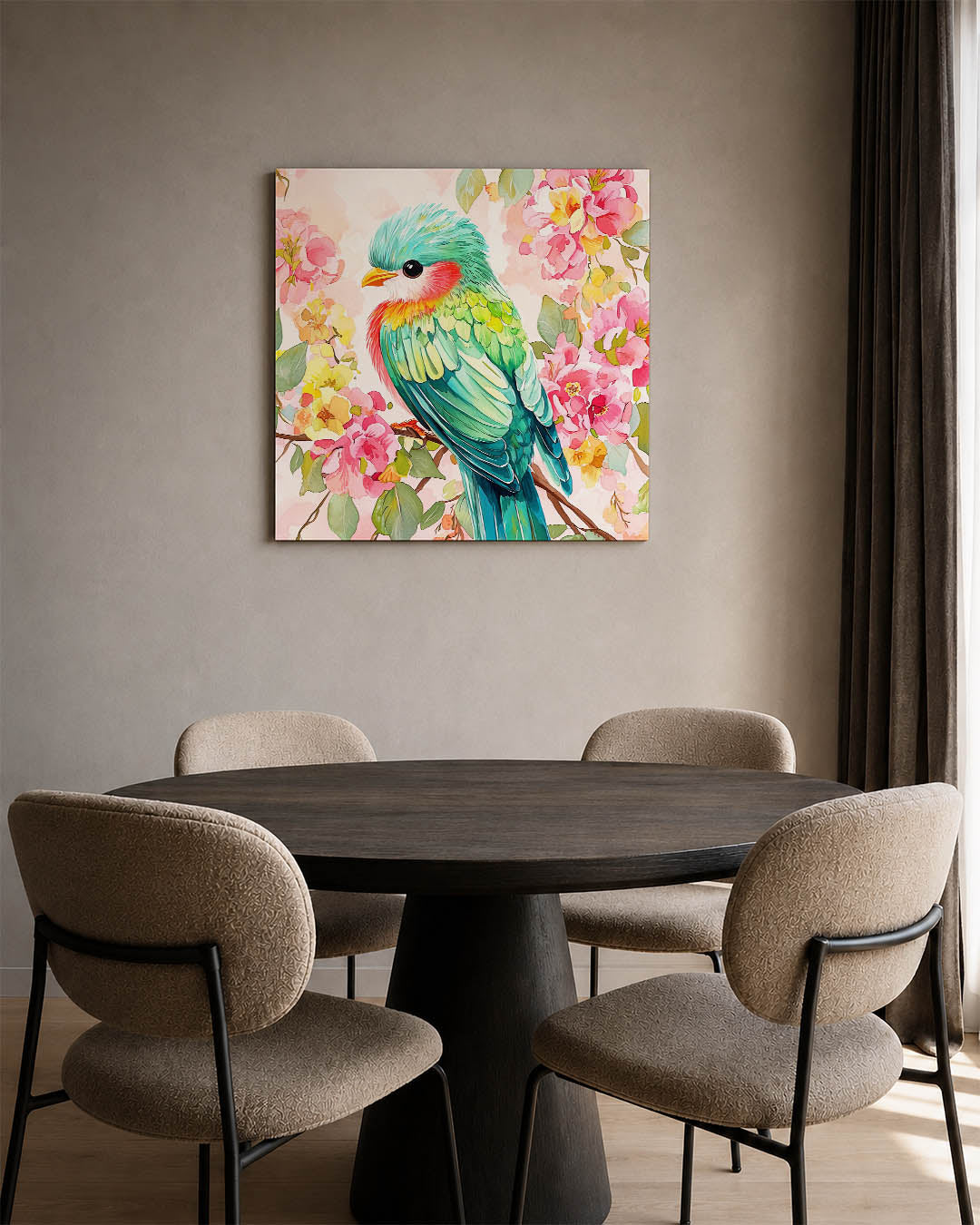 Vrolijke vogel en bloemen Kunstwerk