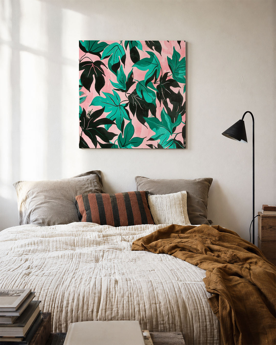 Bladmotief op roze Kunstwerk