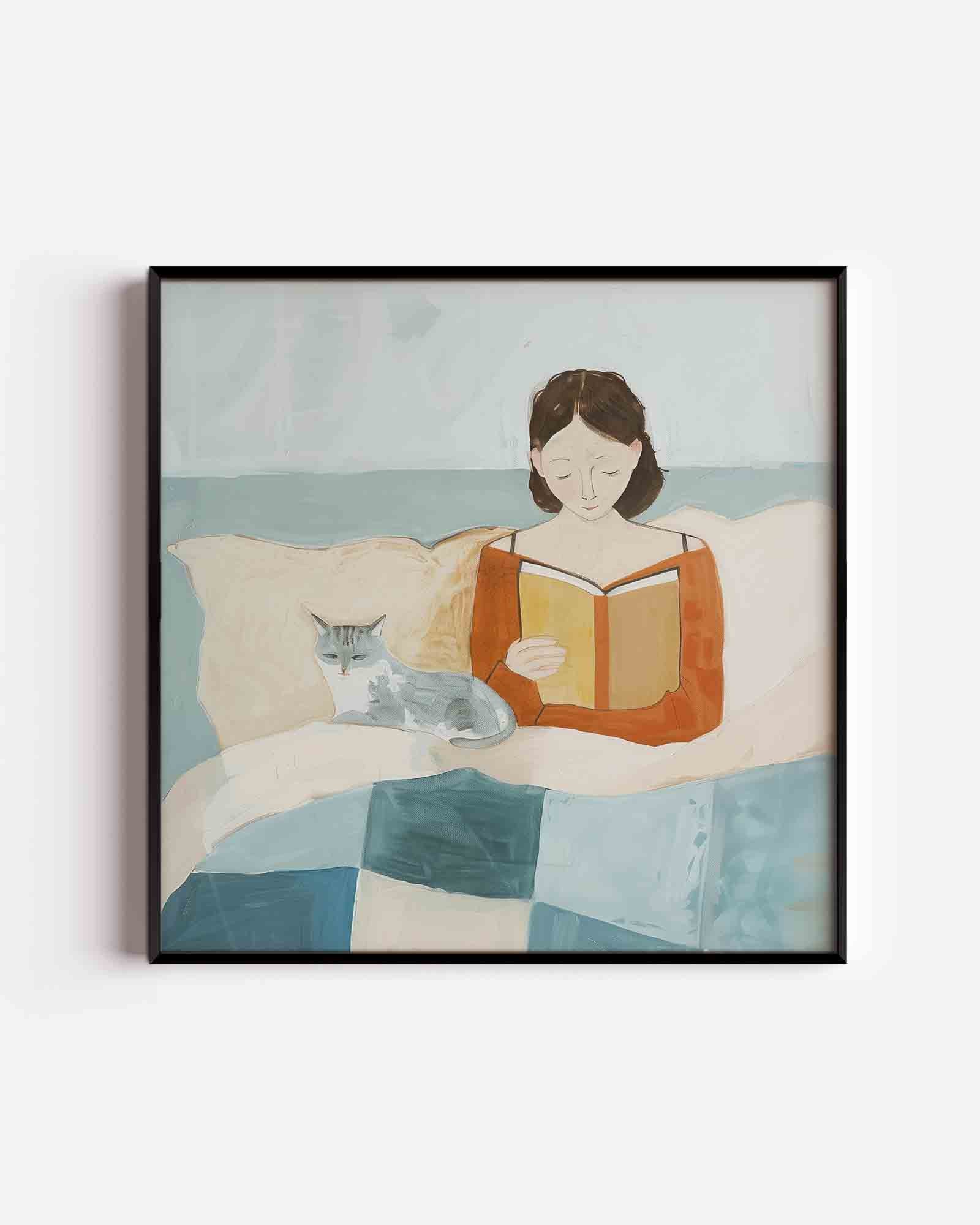 Lezende vrouw met kat Poster