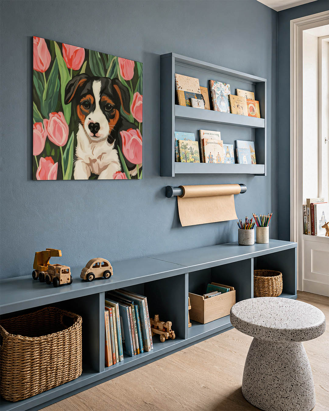 Hond tussen tulpen Kunstwerk