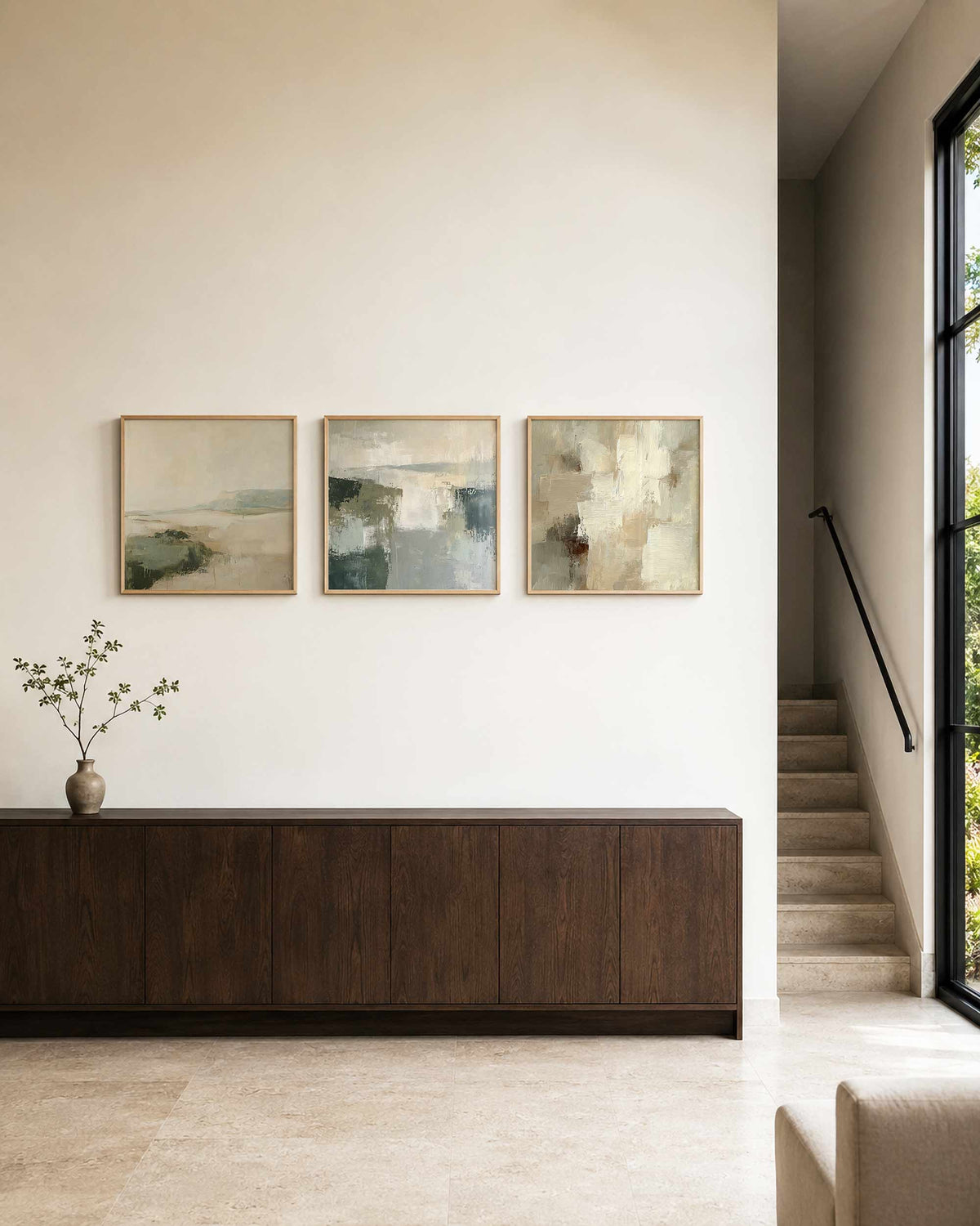 Interieurpresentatie van een driedelige vierkante posterset met abstracte verfvlakken