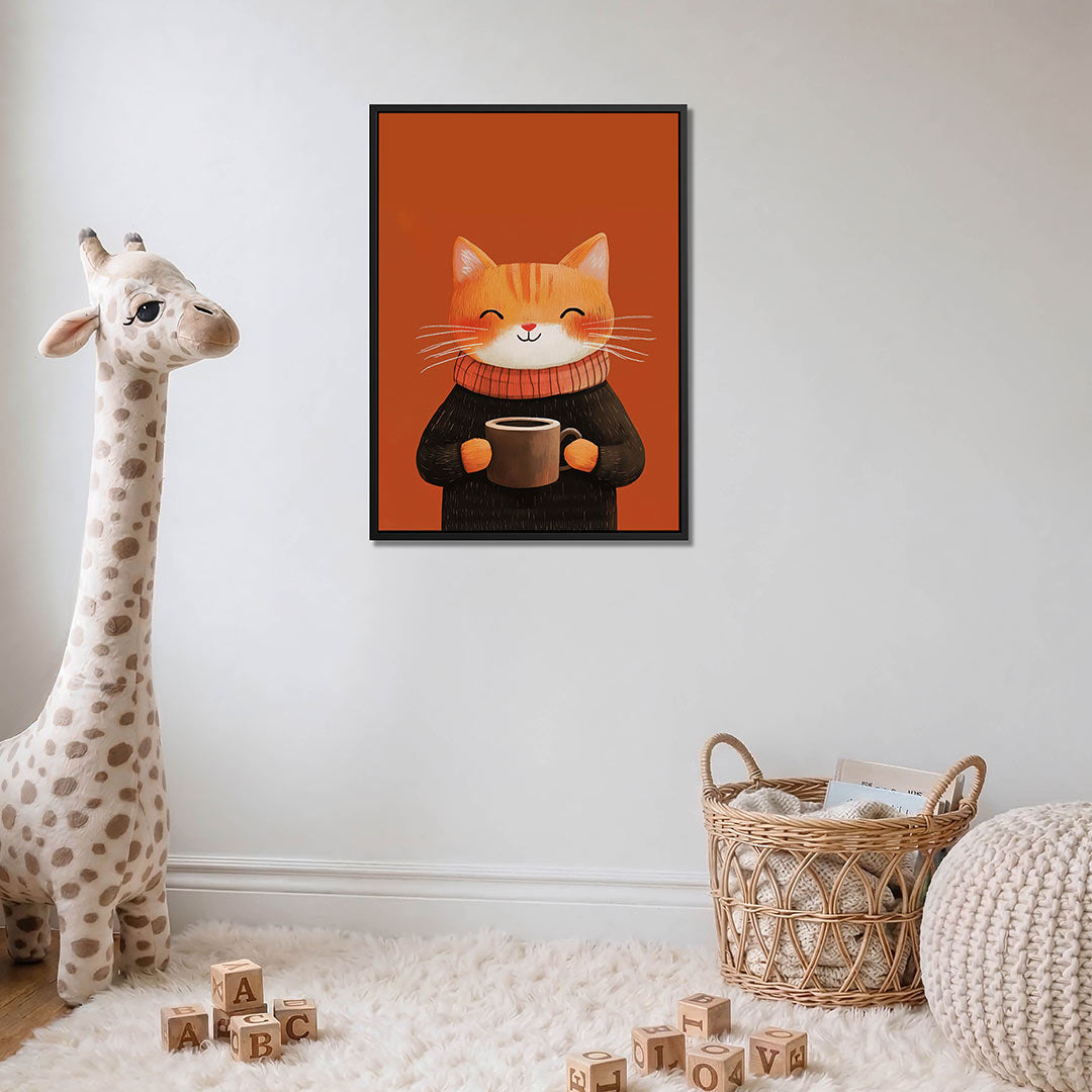 Vrolijke kat met mok Kunstwerk