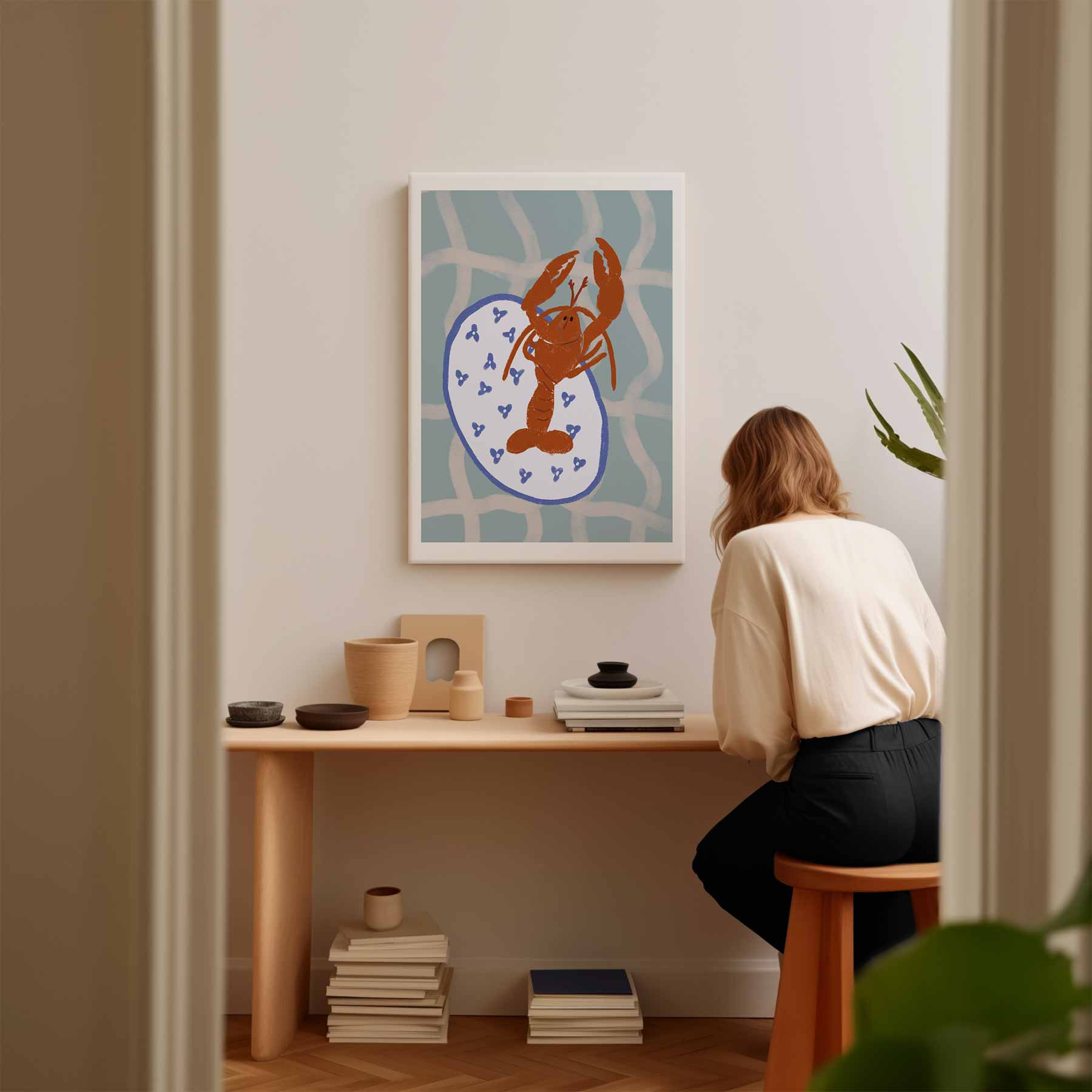 Dansende Kreeft op Servies Kunstwerk-canvas-dibond-plexiglas-wanddecoratie-WallArtistic