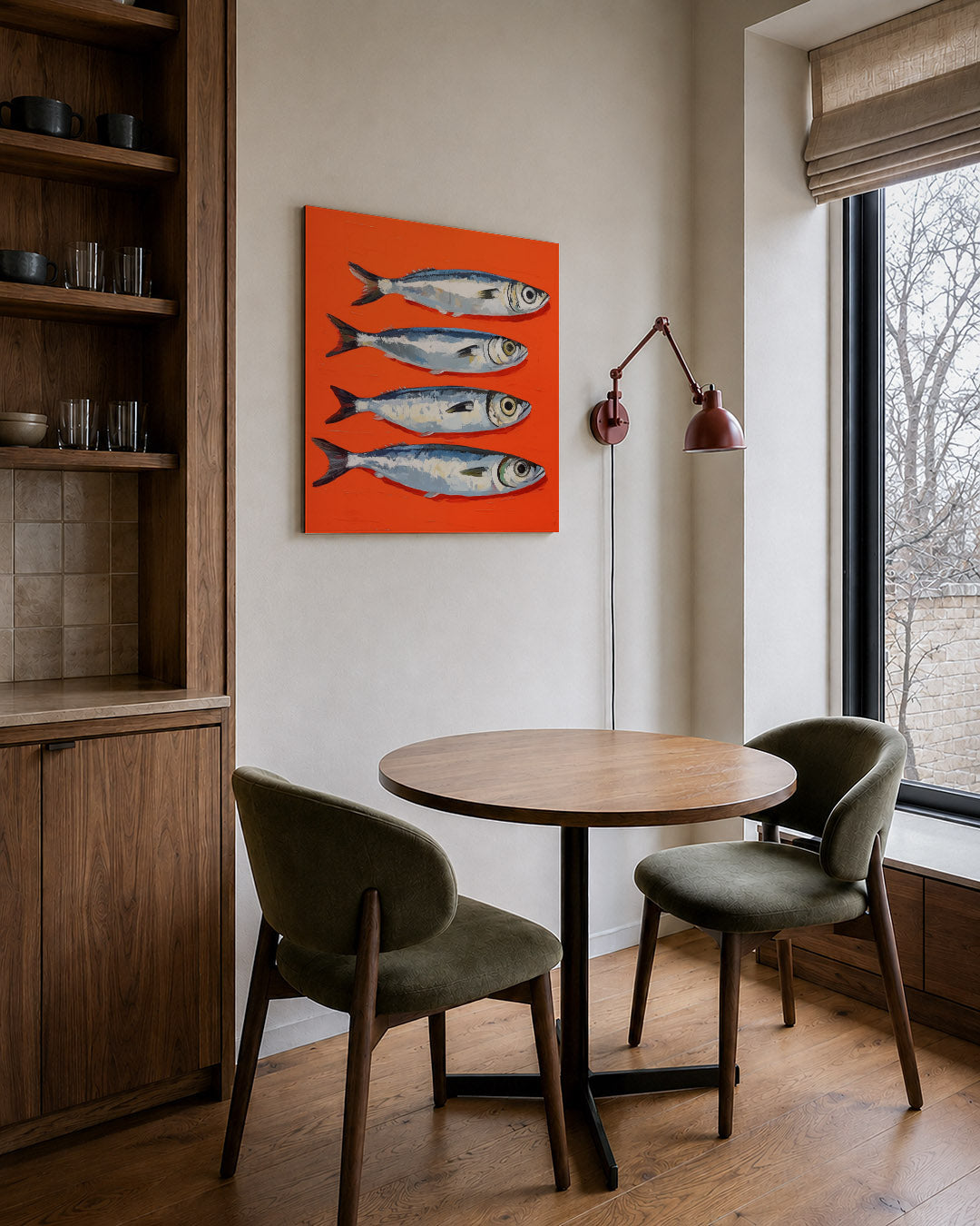 Vissen op fel oranje Kunstwerk