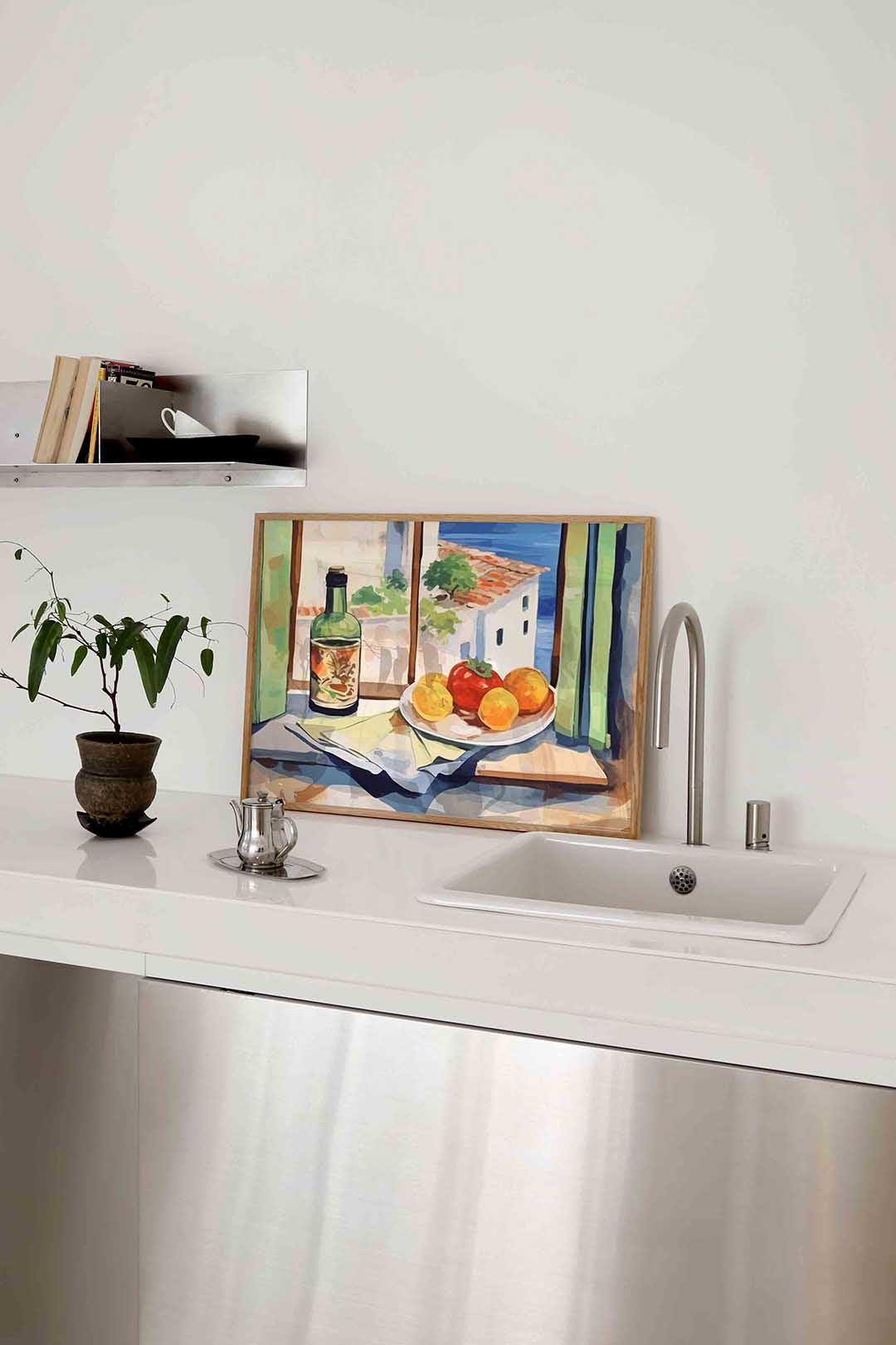 Fruit en fles bij raam Poster