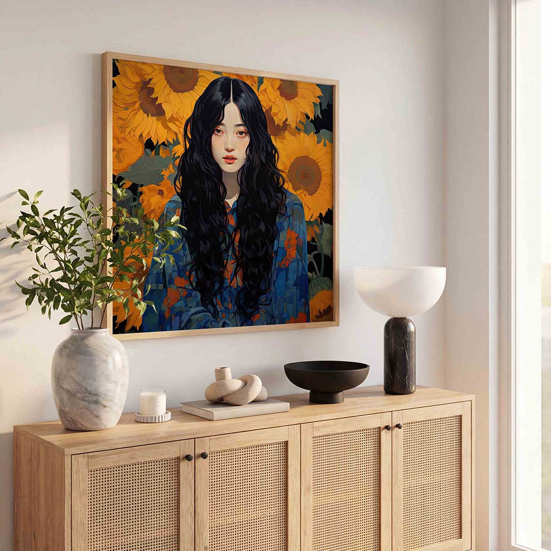 Vrouw met zonnebloemen Poster