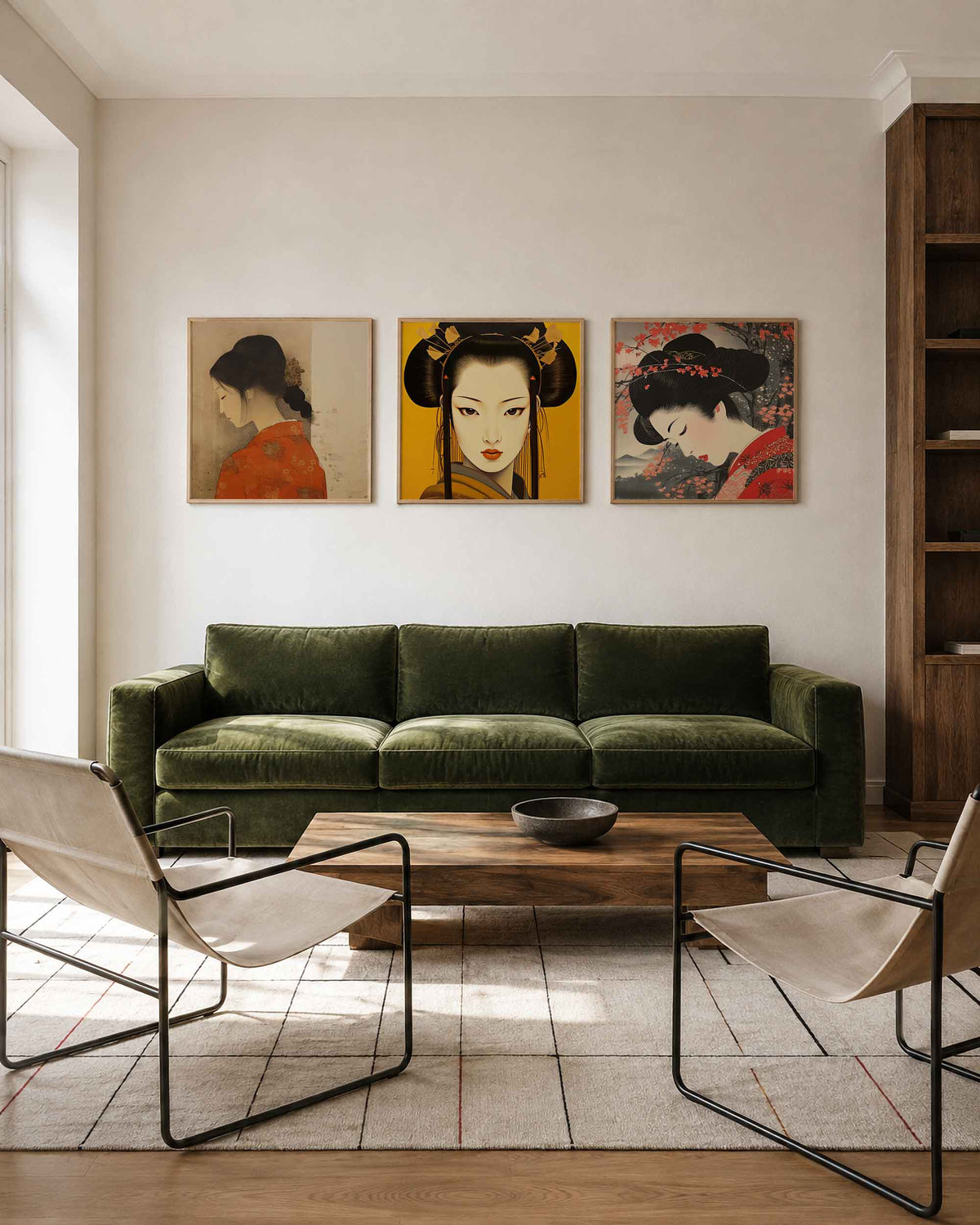 Interieurpresentatie van een driedelige vierkante posterset met japanse vrouwenportretten