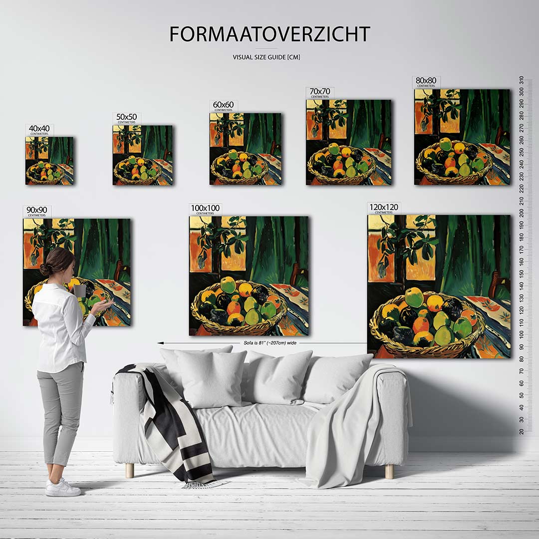 Fruitmand met groene gordijn Kunstwerk
