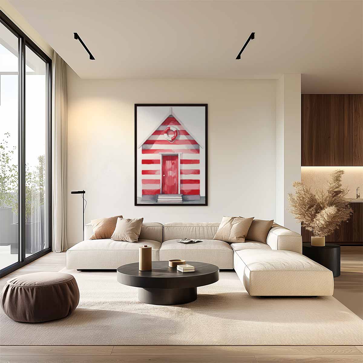 Strandhuisje in Streepjeskleuren Kunstwerk-canvas-dibond-plexiglas-wanddecoratie-WallArtistic