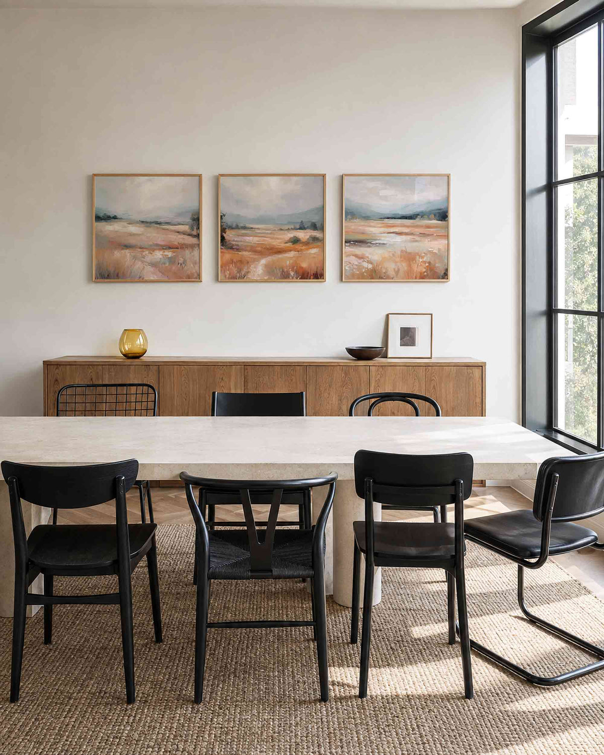 Interieurpresentatie van een driedelige vierkante posterset met abstracte landschappen