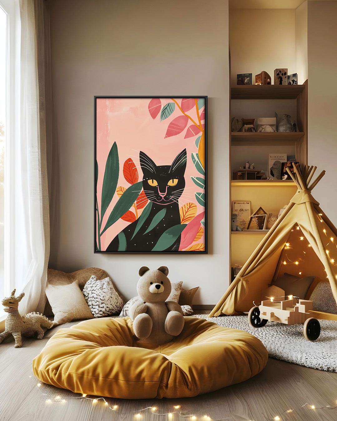 Kleurrijke kat en bladeren Kunstwerk