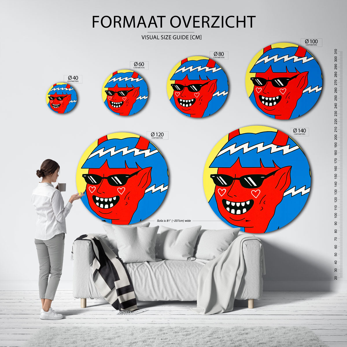 Rode figuur met blauwe haren Muurcirkel