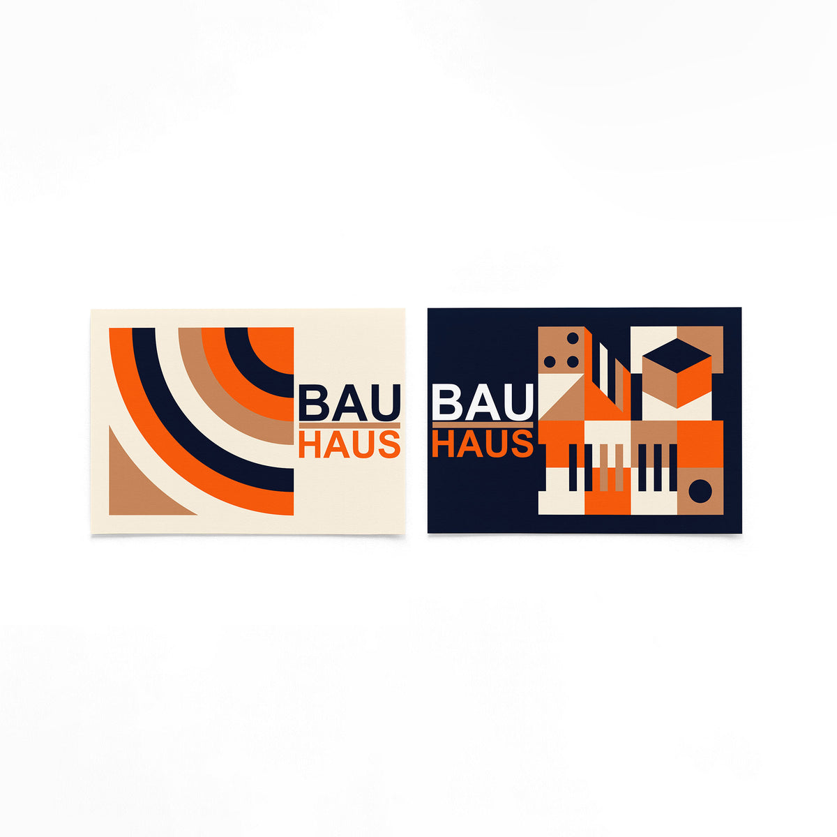 Twee landscape posters met oranje bogen en blokken als vrijstaande productfoto