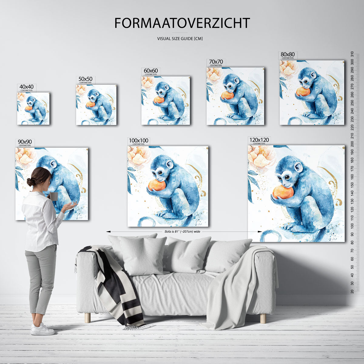 Blauwe aap met sinaasappel Poster