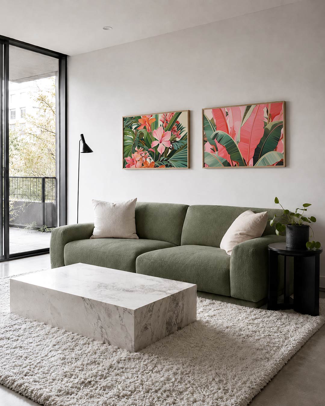 Twee liggende posters met een weelderige verzameling van roze en oranje bloemen, aan de muur in een interieur