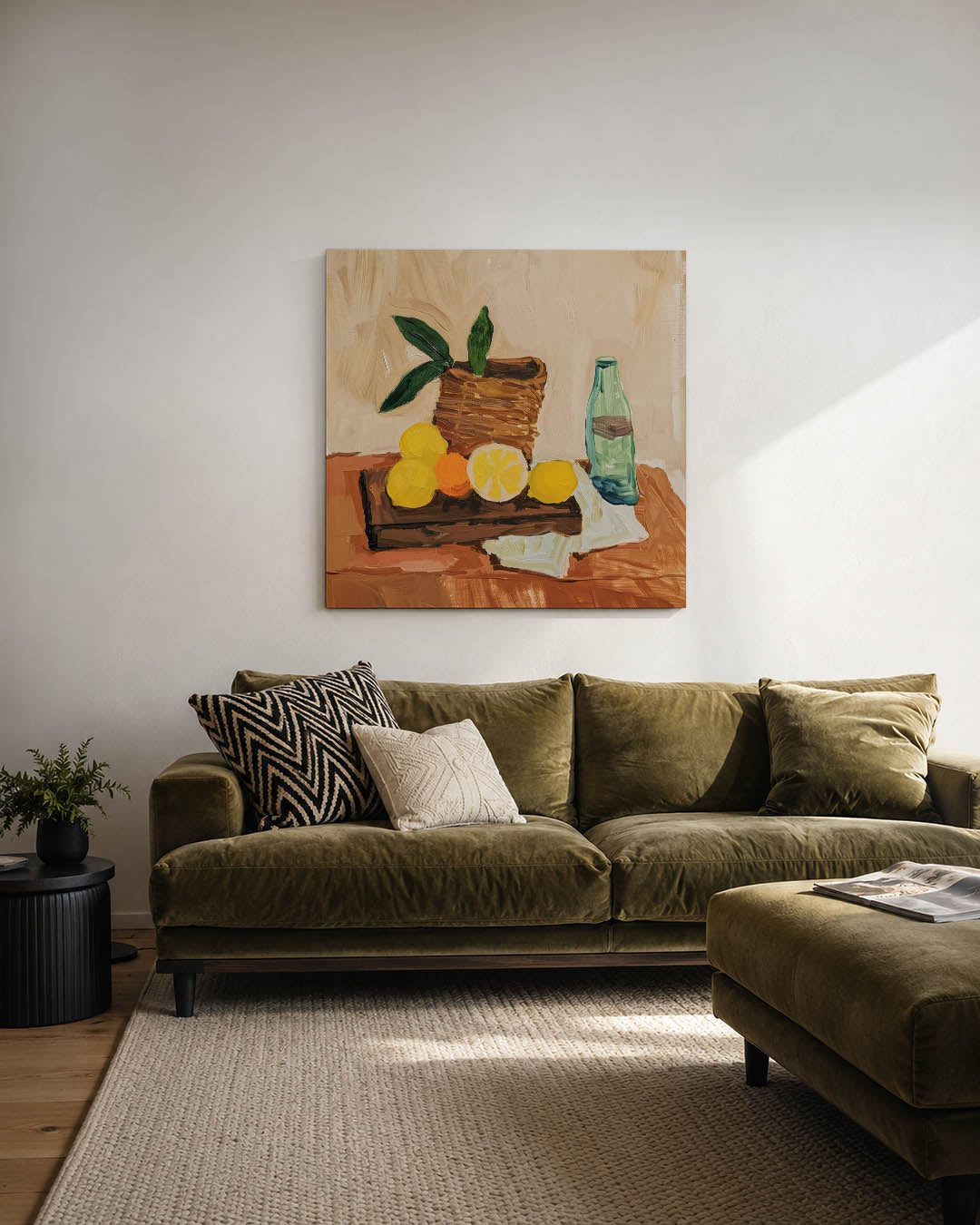 Fruit en fles compositie Kunstwerk
