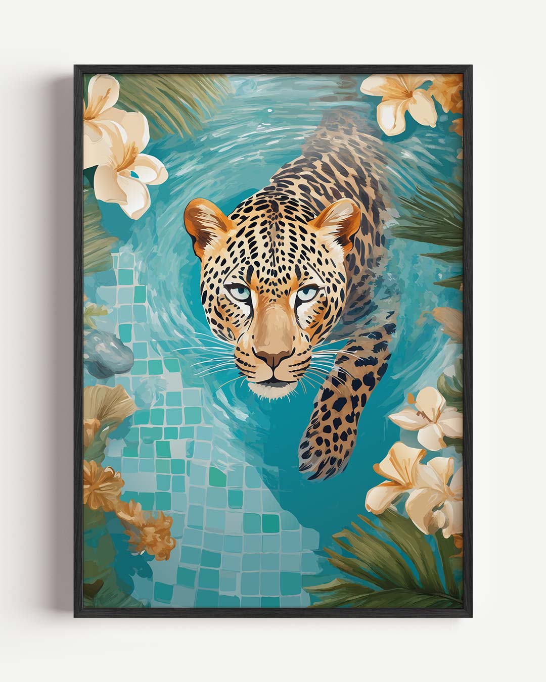 Dappere Luipaard in Paradijselijke Zwempartij Poster-WallArtistic